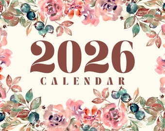 Calendario da parete floreale 2026 stampabile / Planner mensile acquerello / Modello Canva modificabile / Decorazione estetica botanica per casa e ufficio