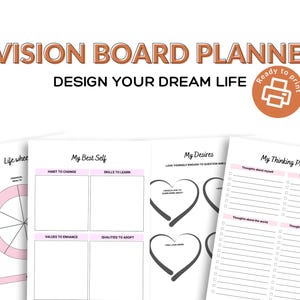 Puede incluir: Un planificador de tablero de visi&oacute;n con el texto "VISION BOARD PLANNER DESIGN YOUR DREAM LIFE". El planificador incluye p&aacute;ginas para la autorreflexi&oacute;n, la fijaci&oacute;n de objetivos y la organizaci&oacute;n de pensamientos. Las p&aacute;ginas tienen acentos rosas y negros.