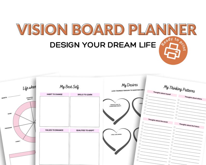 Puede incluir: Un planificador de tablero de visi&oacute;n con el texto "VISION BOARD PLANNER DESIGN YOUR DREAM LIFE". El planificador incluye p&aacute;ginas para la autorreflexi&oacute;n, la fijaci&oacute;n de objetivos y la organizaci&oacute;n de pensamientos. Las p&aacute;ginas tienen acentos rosas y negros.