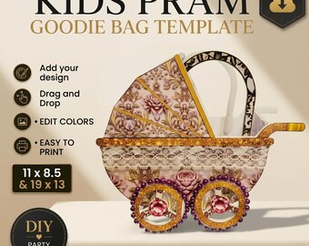 Kids Pram Goodie Bag Template | Baby Shower Favor Box | Printable Stroller Gift Box | Editable DIY Party Favor | Instant Download
