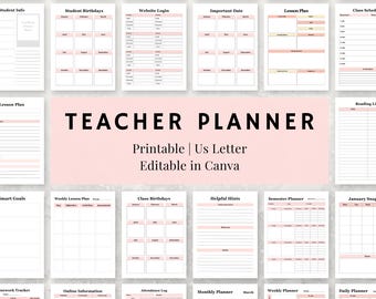 May include: A teacher planner with various pages for lesson planning, student information, and scheduling. The planner includes sections for student birthdays, important dates, and weekly lesson plans. The text "Teacher Planner" is displayed prominently.