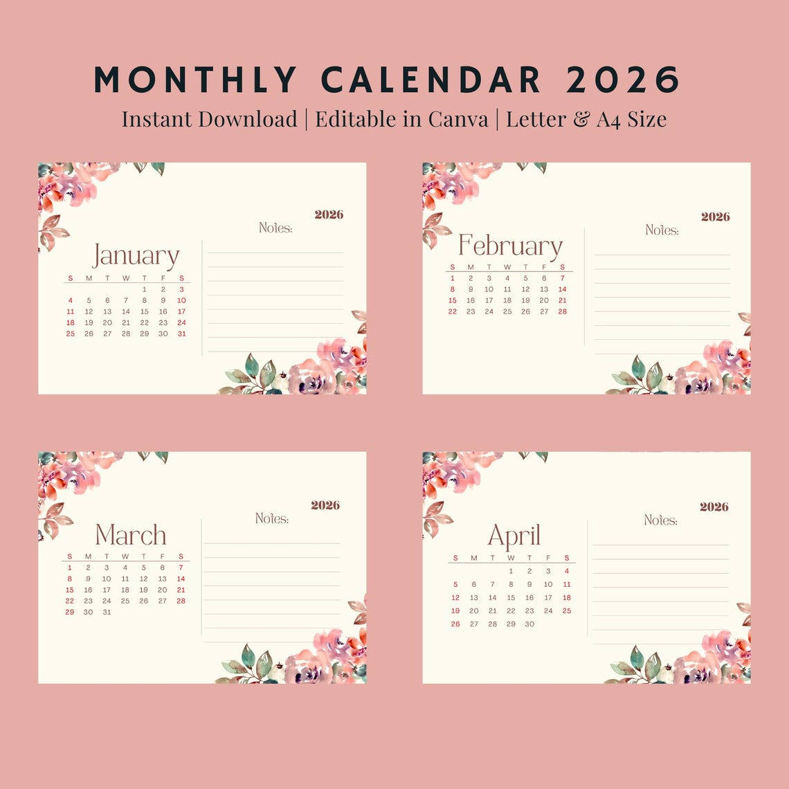 2026 Floral Wall Calendar Printable | Watercolor Monthly Planner ...