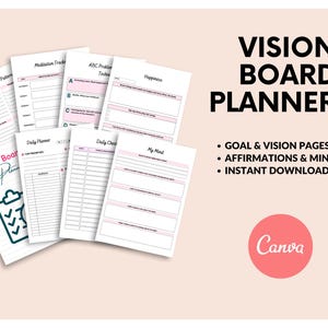 Puede incluir: Un conjunto de p&aacute;ginas imprimibles de planificador de vision board con detalles en rosa. Las p&aacute;ginas incluyen secciones para la planificaci&oacute;n diaria, afirmaciones y establecimiento de objetivos. El texto "Vision Board Planner" se muestra.