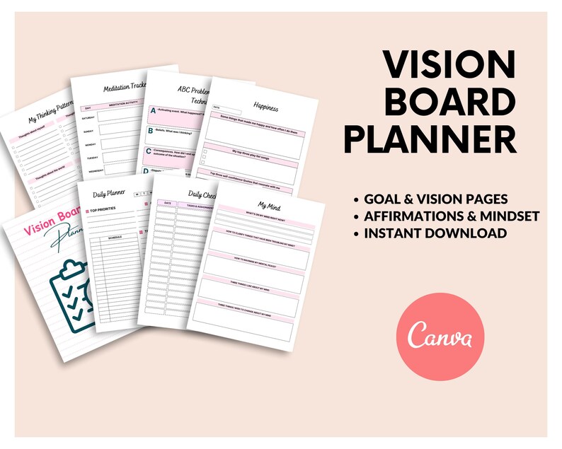 Puede incluir: Un conjunto de p&aacute;ginas imprimibles de planificador de vision board con detalles en rosa. Las p&aacute;ginas incluyen secciones para la planificaci&oacute;n diaria, afirmaciones y establecimiento de objetivos. El texto "Vision Board Planner" se muestra.