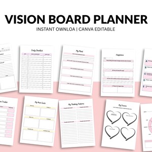 Puede incluir: Un conjunto de p&aacute;ginas blancas de Vision Board Planner con detalles en rosa y amarillo. Las p&aacute;ginas incluyen secciones para la planificaci&oacute;n diaria, listas de verificaci&oacute;n y establecimiento de objetivos. El texto "VISION BOARD PLANNER" est&aacute; en la parte superior.