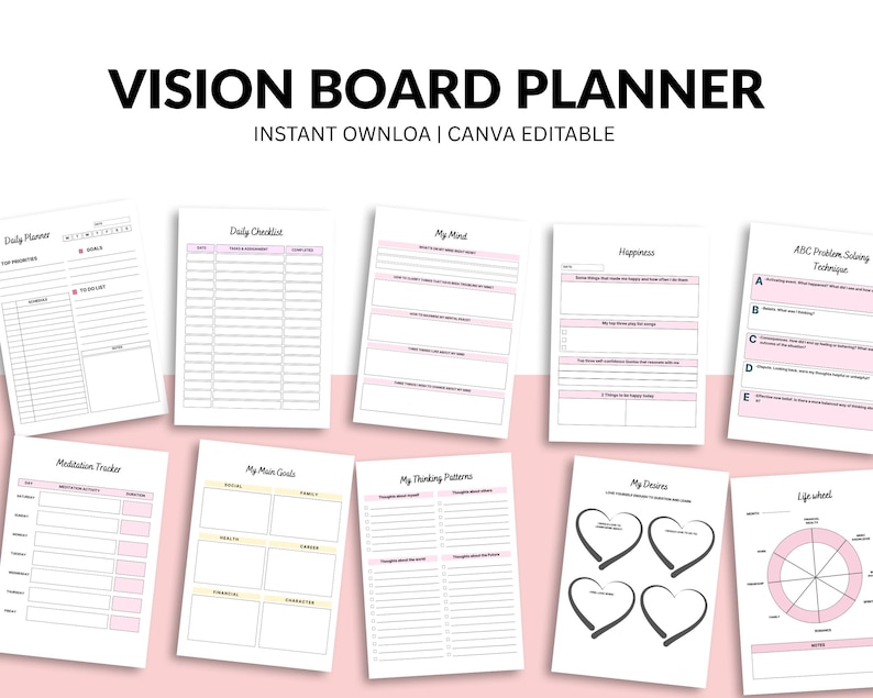 Puede incluir: Un conjunto de p&aacute;ginas blancas de Vision Board Planner con detalles en rosa y amarillo. Las p&aacute;ginas incluyen secciones para la planificaci&oacute;n diaria, listas de verificaci&oacute;n y establecimiento de objetivos. El texto "VISION BOARD PLANNER" est&aacute; en la parte superior.