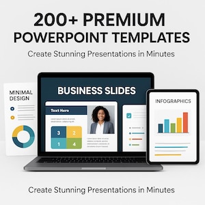 Pode incluir: Um laptop, um tablet e uma impressão exibem modelos de apresentação. A tela do laptop mostra um modelo de slide de negócios com uma foto e caixas de texto. O tablet exibe um infográfico. A impressão mostra um design minimalista com um gráfico de pizza. O texto diz "200+ Premium PowerPoint Templates."