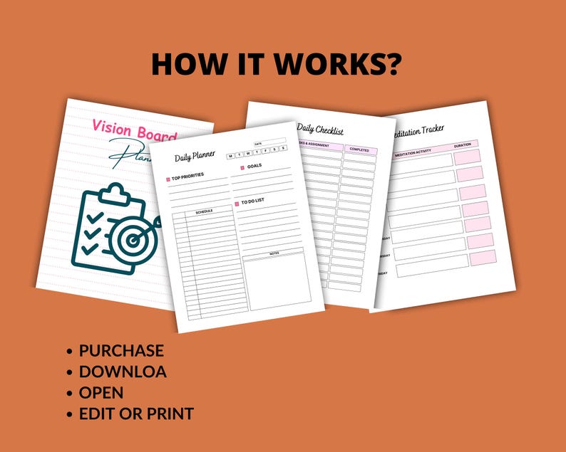 Puede incluir: Imagen de un plan de tablero de visi&oacute;n, planificador diario, lista de verificaci&oacute;n diaria y rastreador de meditaci&oacute;n. El texto "HOW IT WORKS?" est&aacute; en la parte superior. Los pasos son: PURCHASE, DOWNLOA, OPEN y EDIT OR PRINT.