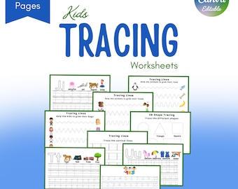 Tracing Worksheets for Kids | Alphabet Number Line & 2D Shapes Tracing | Canva Editable Preschool Learning Printable | Handwriting Practice