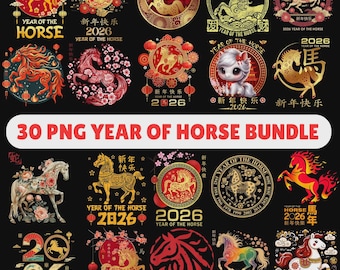 May include: A collection of 30 PNG images featuring various horse designs, celebrating the Year of the Horse 2026. The designs include circular emblems, illustrations, and Chinese characters, with vibrant colors and detailed artwork.