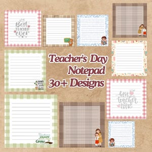 Pode incluir: Uma coleção de blocos de notas do Dia do Professor com vários designs. Alguns blocos de notas têm páginas pautadas e bordas decorativas. A imagem inclui o texto "Best Teacher Ever" e "Teachers Seeds That Grow Forever."