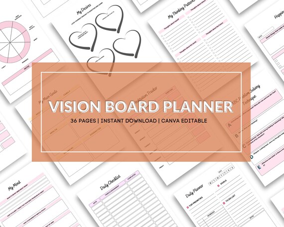 Vision Board Planner Printable, Editable Goal Setting Journal, Manifestation Workbook Canva Template, Dream Life Planner