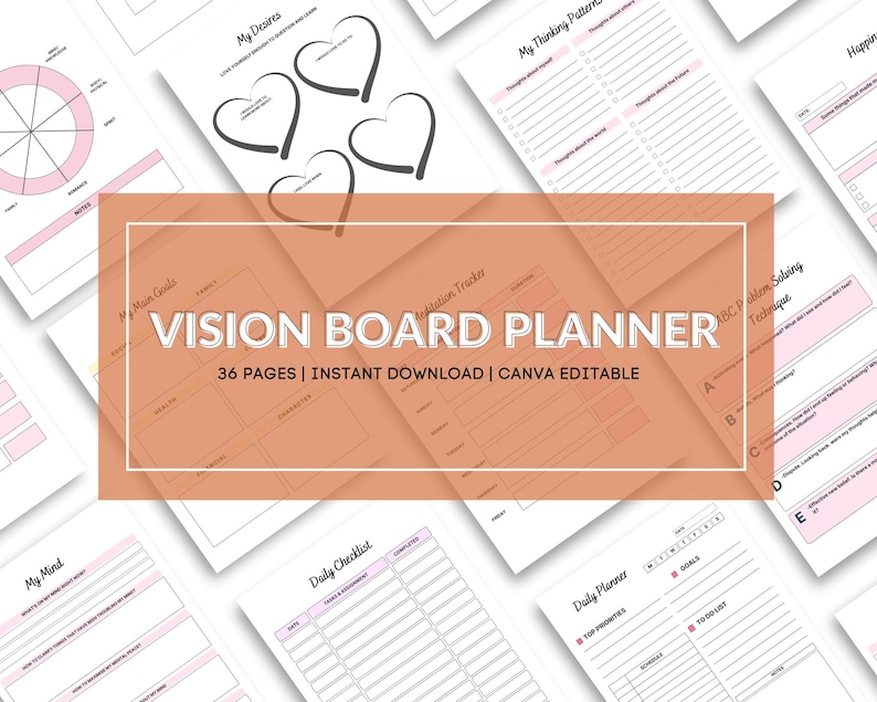Puede incluir: Una colecci&oacute;n de p&aacute;ginas de papel blanco con acentos rosas y grises, dise&ntilde;adas como un planificador de tablero de visi&oacute;n. La imagen central presenta el texto "VISION BOARD PLANNER" con los detalles "36 PAGES | INSTANT DOWNLOAD | CANVA EDITABLE". Se ven varias plantillas de planificaci&oacute;n.