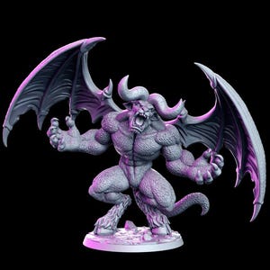 May include: A gray, detailed miniature figurine of a demon with large wings, a horned head, and a snarling expression. The figurine is posed in a standing position with its wings spread wide.