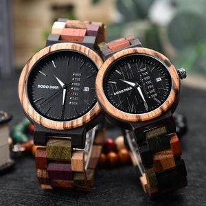 Custom Engraved Wooden Couples Watch - Week Display - His and Hers Wristwatch Set - Romantic Anniversary Gift - Eco-Friendly Timepiece