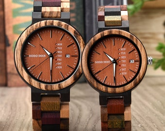 Personalized Wooden Couples Watch - Week Display - Engraved His and Hers Wristwatch - Romantic Anniversary Gift - EcoFriendly Wood Timepiece