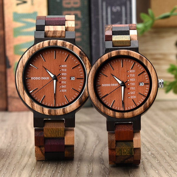 Personalized Wooden Couples Watch - Week Display - Engraved His and Hers Wristwatch - Romantic Anniversary Gift - EcoFriendly Wood Timepiece