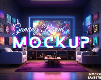 Gaming Room Poster Mockup | Home Cinema Scene | Digital Editable Wall Frame | DIN A Ratio Template | Futuristic Room | PSD with Smart Object