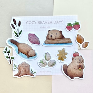 Stickerset bever en vlokken | Leuke en gezellige bosbeverthema-illustraties | 11 stuks glanzende waterdichte vinyls