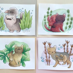 オリジナルの水彩画と色鉛筆で描いた猫とベタの魚の絵画 | もし私の魚が猫だったら | かわいくて気まぐれな小さなイラスト