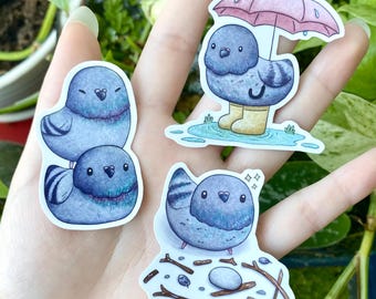 May include: Four stickers featuring cartoon illustrations of pigeons. One sticker shows a pigeon holding an umbrella in a puddle. Another sticker shows a pigeon sitting on a nest with an egg. The other two stickers show a pigeon standing on top of another pigeon.