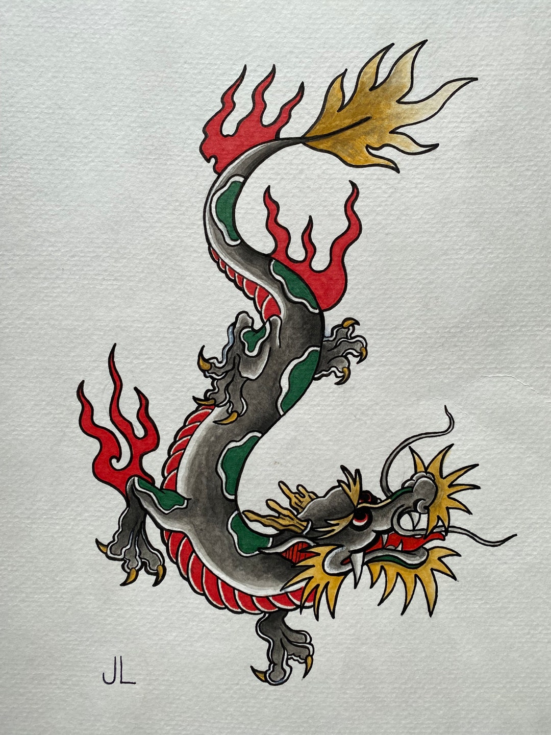 Traditional Dragon Tattoo Design/flash Art original Piece, - Etsy