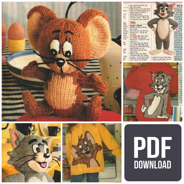 Vintage Tom & Jerry Doll Figure Toys Clothes Jumper Sweater Cardigan Knitting Patterns Crochet Knit Scanned PDF Instant Digital Download