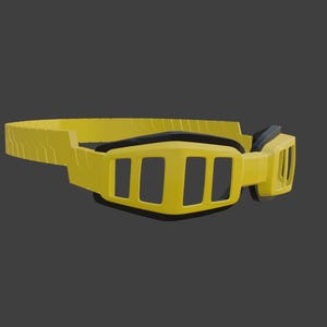 May include: A yellow and black visor with a rectangular design. The visor has a series of rectangular cutouts and a textured band. The design is futuristic and angular.