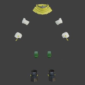 Può includere: Un costume smontato giallo e bianco, composto da un colletto a balze, spalline bianche con dettagli gialli, ginocchiere verdi e stivali neri e gialli. Gli elementi sono disposti su uno sfondo grigio.