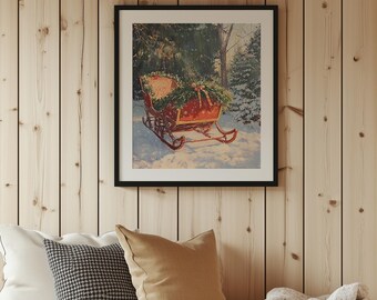 May include: A framed print of a red sleigh in a snowy forest hangs above a wooden bench. The bench holds pillows, a blanket, and black boots. The wall is made of vertical wooden planks, creating a cozy, rustic scene.