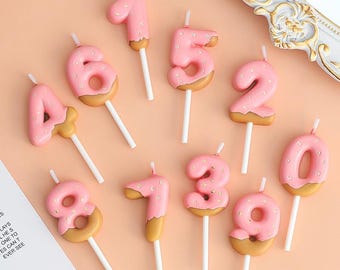 Pink Donut Number Birthday Candle, Cute Cake Topper Candle, Pastel Number Candle 0-9, Birthday Party Cake Decoration, Kids Birthday Candle