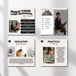 Puede incluir: Un dise&ntilde;o gr&aacute;fico en blanco y negro con el texto "Build Your Lash Business Beginners Guide" y una lista de lo que se incluye en el curso. El dise&ntilde;o gr&aacute;fico tambi&eacute;n incluye im&aacute;genes de personas aprendiendo a aplicar extensiones de pesta&ntilde;as.