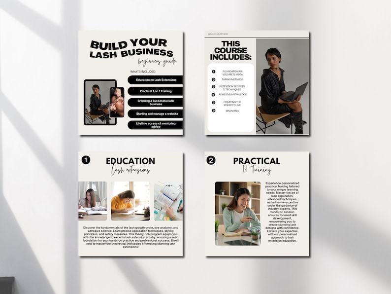 Puede incluir: Un dise&ntilde;o gr&aacute;fico en blanco y negro con el texto "Build Your Lash Business Beginners Guide" y una lista de lo que se incluye en el curso. El dise&ntilde;o gr&aacute;fico tambi&eacute;n incluye im&aacute;genes de personas aprendiendo a aplicar extensiones de pesta&ntilde;as.