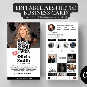 May include: A black and white business card template with a photo of a woman and a QR code. The card includes the text "Olivia Smith, UGC Creator" and "Connect with me". The card also includes social media icons and a link to the creator's website.