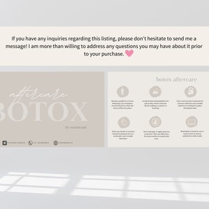 May include: A beige and white printable guide with the text "aftercare BOTOX" and "botox aftercare" with icons and instructions for aftercare.