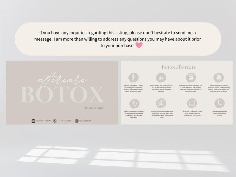May include: A beige and white printable guide with the text "aftercare BOTOX" and "botox aftercare" with icons and instructions for aftercare.