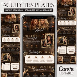 May include: A digital template set for a hair salon featuring a smartphone displaying a booking page with gold accents, dark brown backgrounds, and text including Acuity Templates, Jennifer Studio, Meet Your Hair Stylist, and Booking Policy.