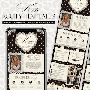 May include: A digital template set for hair stylists featuring a dark brown background with white polka dots and lace accents. The design includes sections for booking policies, contact information, and a stylist profile with text.