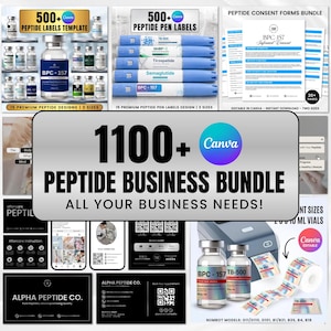1100+ Mega Peptide Business Bundle Peptide Label Template Pen Labels Aftercare Cards Peptide Social Media Business Cards Peptide Forms Flyer