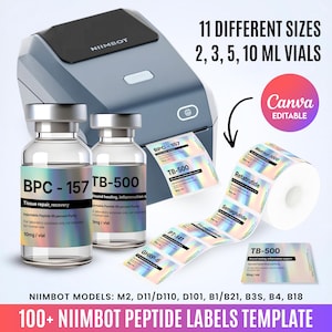 May include: A grey NIIMBOT label printer with two vials labelled BPC-157 and TB-500. The image includes a roll of labels with various peptide names and the text "100+ NIIMBOT PEPTIDE LABELS TEMPLATE". The text "11 DIFFERENT SIZES" is also visible.