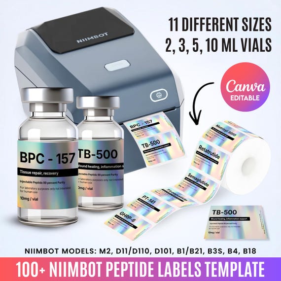 100+ Niimbot Peptide Label Template, Peptide Therapy Label Canva, Holographic Peptide Vial Labels, Niimbot Peptide Stickers, 3ml Vial Labels