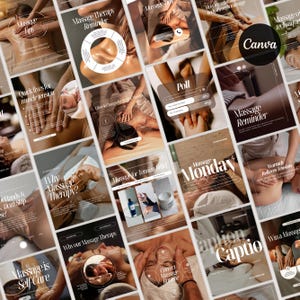 May include: A collection of images promoting massage therapy, with text overlays including "Massage Tips," "Massage Reminder," and "Massage Monday." The visuals depict different massage techniques and related items.