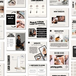Puede incluir: Una colecci&oacute;n de gr&aacute;ficos de redes sociales para un negocio de extensiones de pesta&ntilde;as. Los gr&aacute;ficos presentan im&aacute;genes de ojos con extensiones de pesta&ntilde;as, un calendario, un sitio web y texto sobre el crecimiento de las pesta&ntilde;as, la educaci&oacute;n y los precios.