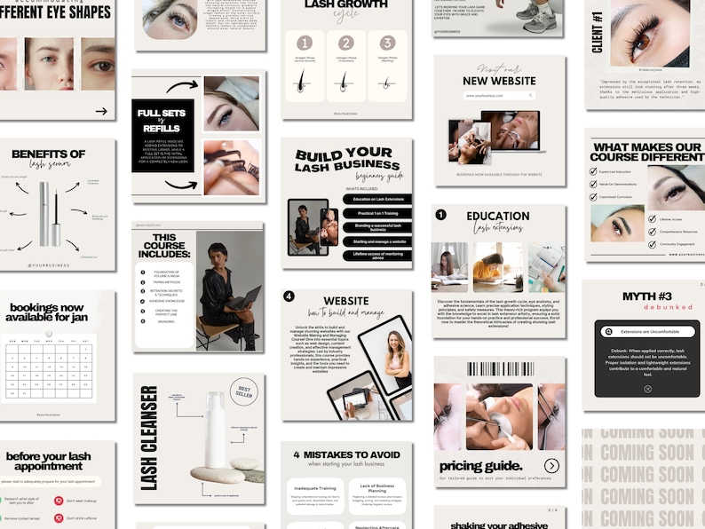Puede incluir: Una colecci&oacute;n de gr&aacute;ficos de redes sociales para un negocio de extensiones de pesta&ntilde;as. Los gr&aacute;ficos presentan im&aacute;genes de ojos con extensiones de pesta&ntilde;as, un calendario, un sitio web y texto sobre el crecimiento de las pesta&ntilde;as, la educaci&oacute;n y los precios.