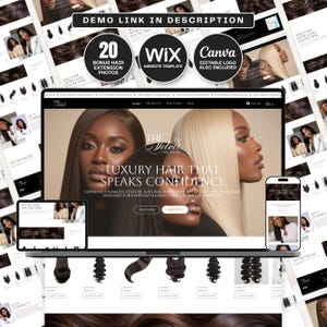 Peut inclure: Une maquette de site web pour une entreprise d'extensions de cheveux, affichée sur un ordinateur portable, une tablette et un téléphone. Le site web présente des images de femmes aux cheveux longs et luxueux. Le texte comprend "Luxury Hair That Speaks Confidence".