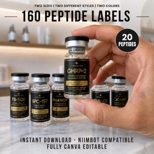 Mallar för peptidetiketter, 160 utskrivbara peptidetiketter, mall för peptidterapi i Canva, mall för peptidmarknadsföringsetiketter