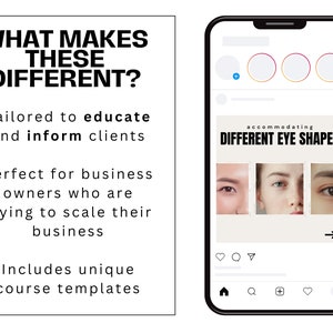 Puede incluir: La pantalla de un tel&eacute;fono m&oacute;vil que muestra una publicaci&oacute;n de Instagram con el texto "accommodating DIFFERENT EYE SHAPES". La publicaci&oacute;n presenta tres fotos de diferentes formas de ojos. La leyenda dice "What makes these different? Tailored to educate and inform clients. Perfect for business owners who are trying to scale their business. Includes unique course templates."
