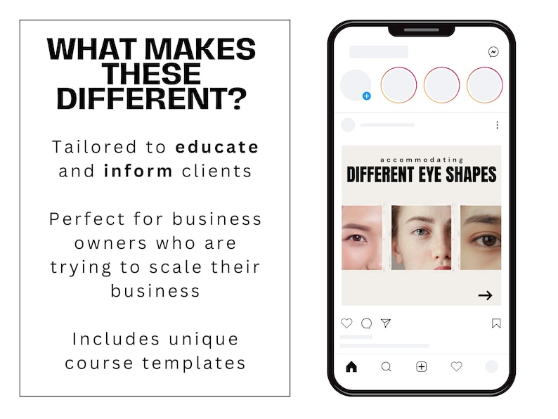 Puede incluir: La pantalla de un tel&eacute;fono m&oacute;vil que muestra una publicaci&oacute;n de Instagram con el texto "accommodating DIFFERENT EYE SHAPES". La publicaci&oacute;n presenta tres fotos de diferentes formas de ojos. La leyenda dice "What makes these different? Tailored to educate and inform clients. Perfect for business owners who are trying to scale their business. Includes unique course templates."