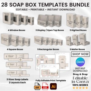 May include: A collection of 28 soap box templates, featuring various styles such as window, display, and mailer boxes, alongside soap labels. The templates are editable, printable, and available for instant download. The text includes "Velvet Roots" and "Shop Now".