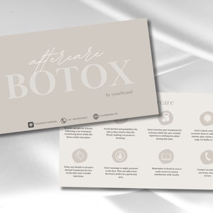 May include: A beige card with the text "aftercare BOTOX by yourbrand" in white. The card has a list of instructions for aftercare following a Botox treatment. The instructions include avoiding alcohol and painkillers, not exercising for 48 hours, not exposing the skin to extreme heat or cold, and contacting the provider if any reactions occur.